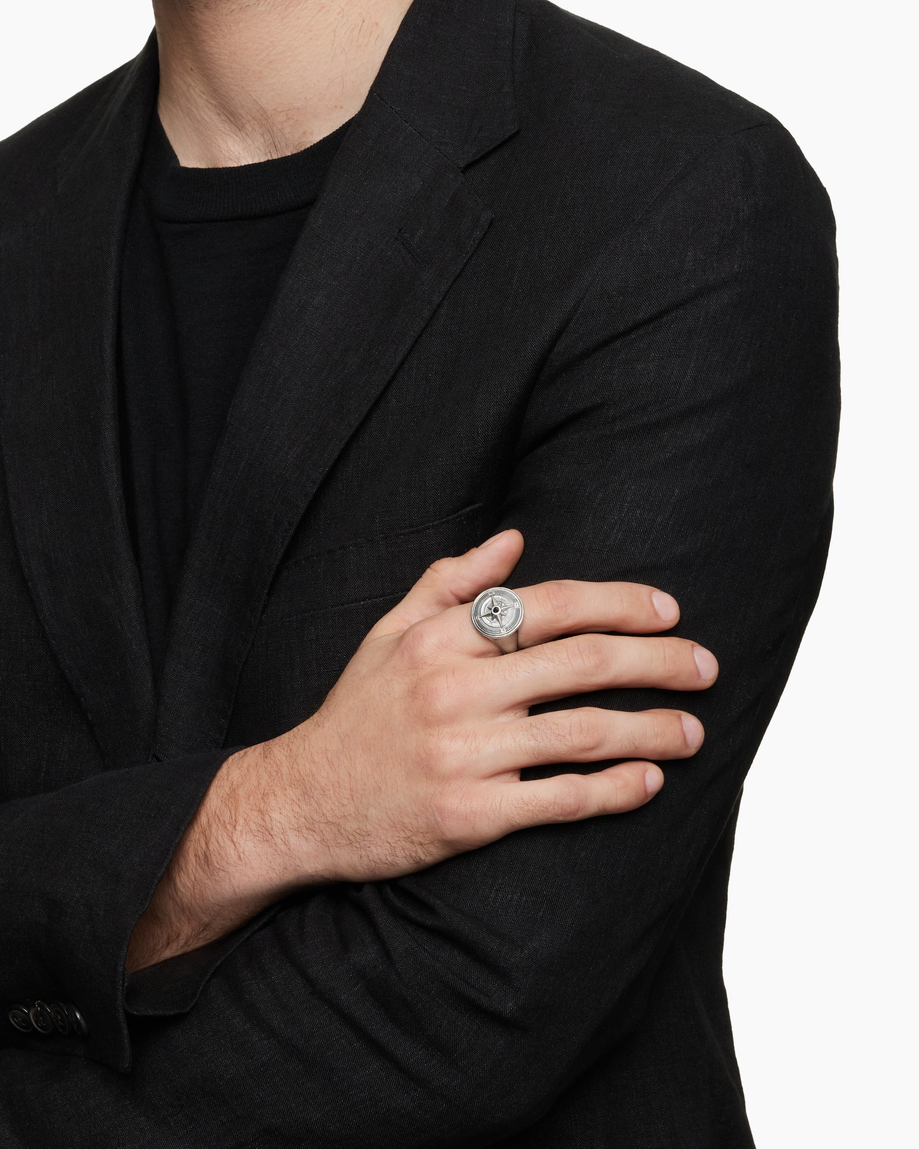 Alternative view of Maritime Compass Signet Ring in Sterling Silver with Center Black Diamond, 19.4mm