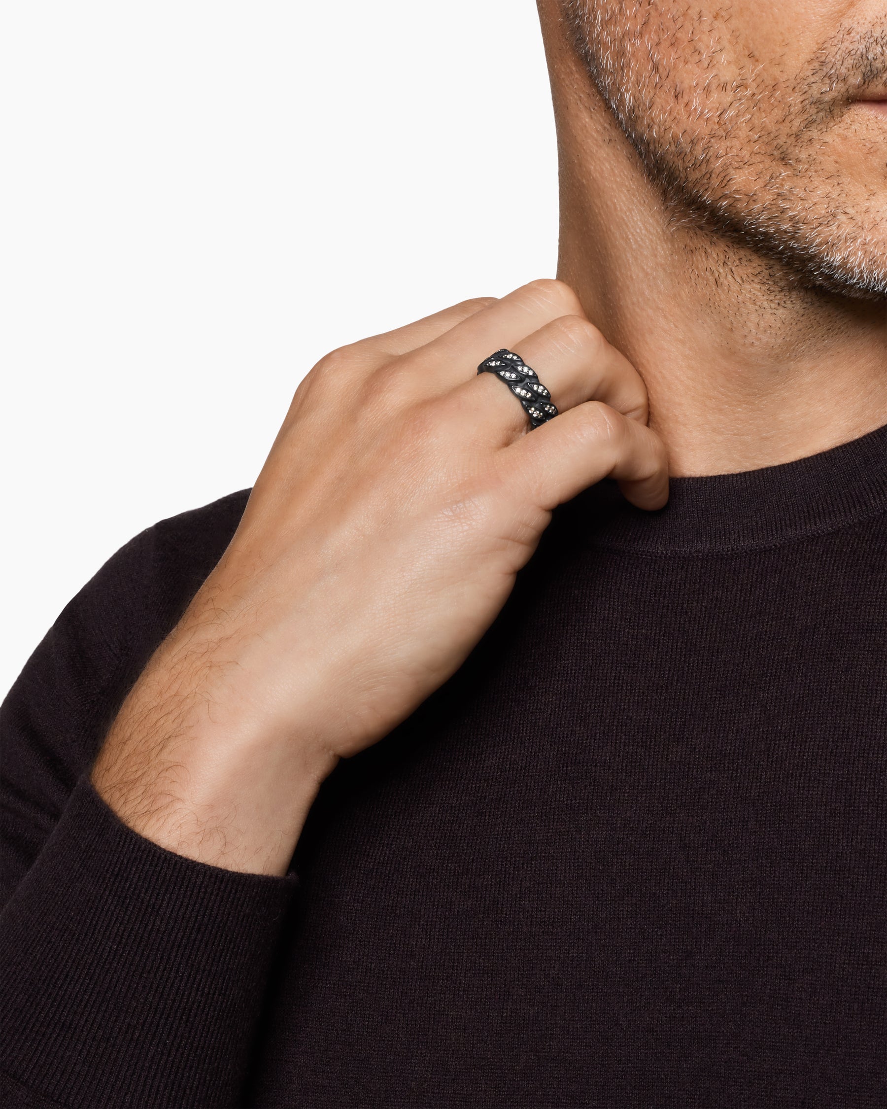 Curb Chain Band Ring in Black Titanium with Diamonds, 8mm - Image 2