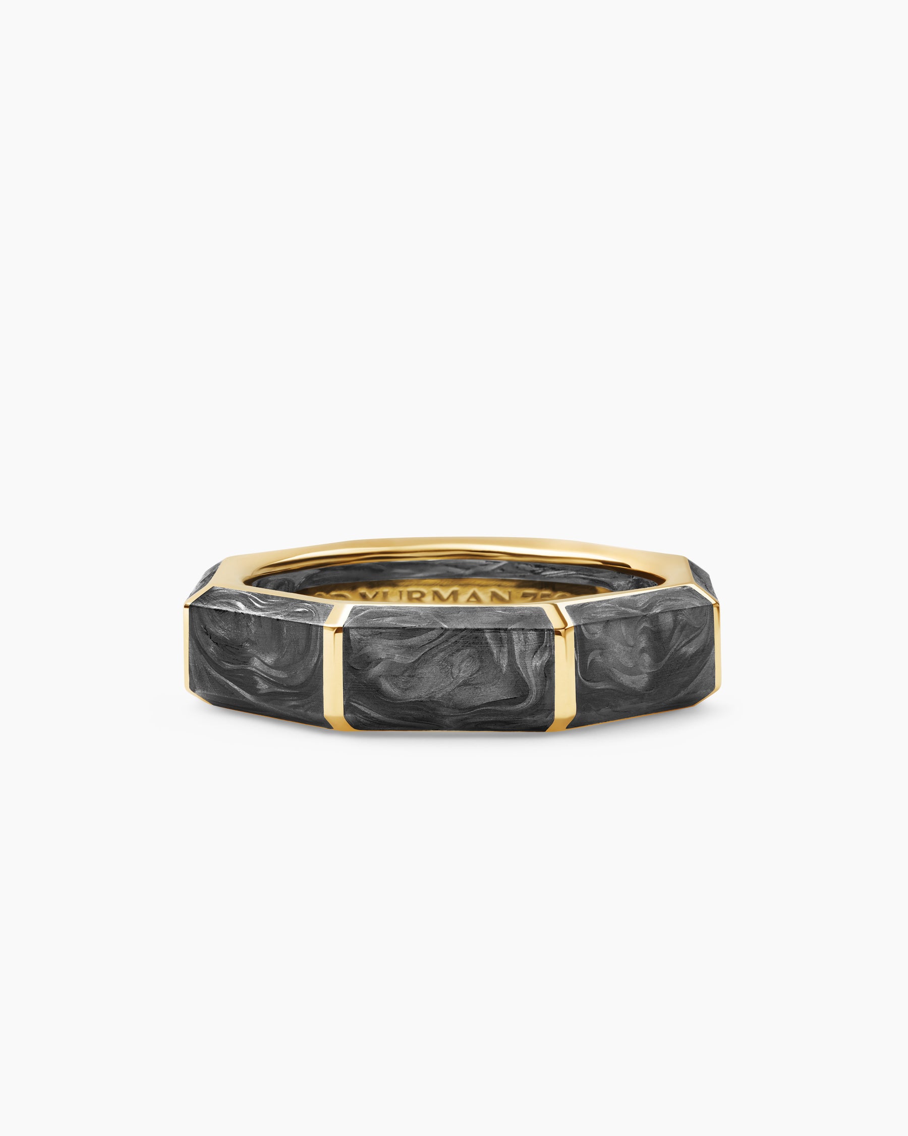 Forged Carbon Faceted Band Ring in 18K Yellow Gold, 6mm