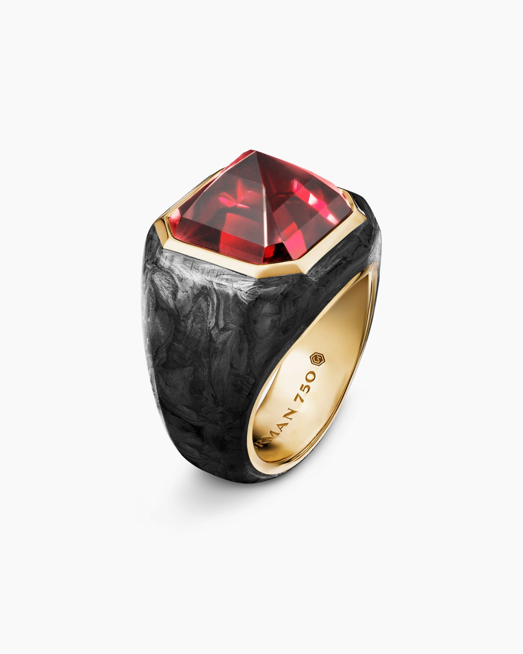 Hexagonal Signet Ring in 18K Yellow Gold with Forged Carbon and Garnet, 17.7mm - Image 3