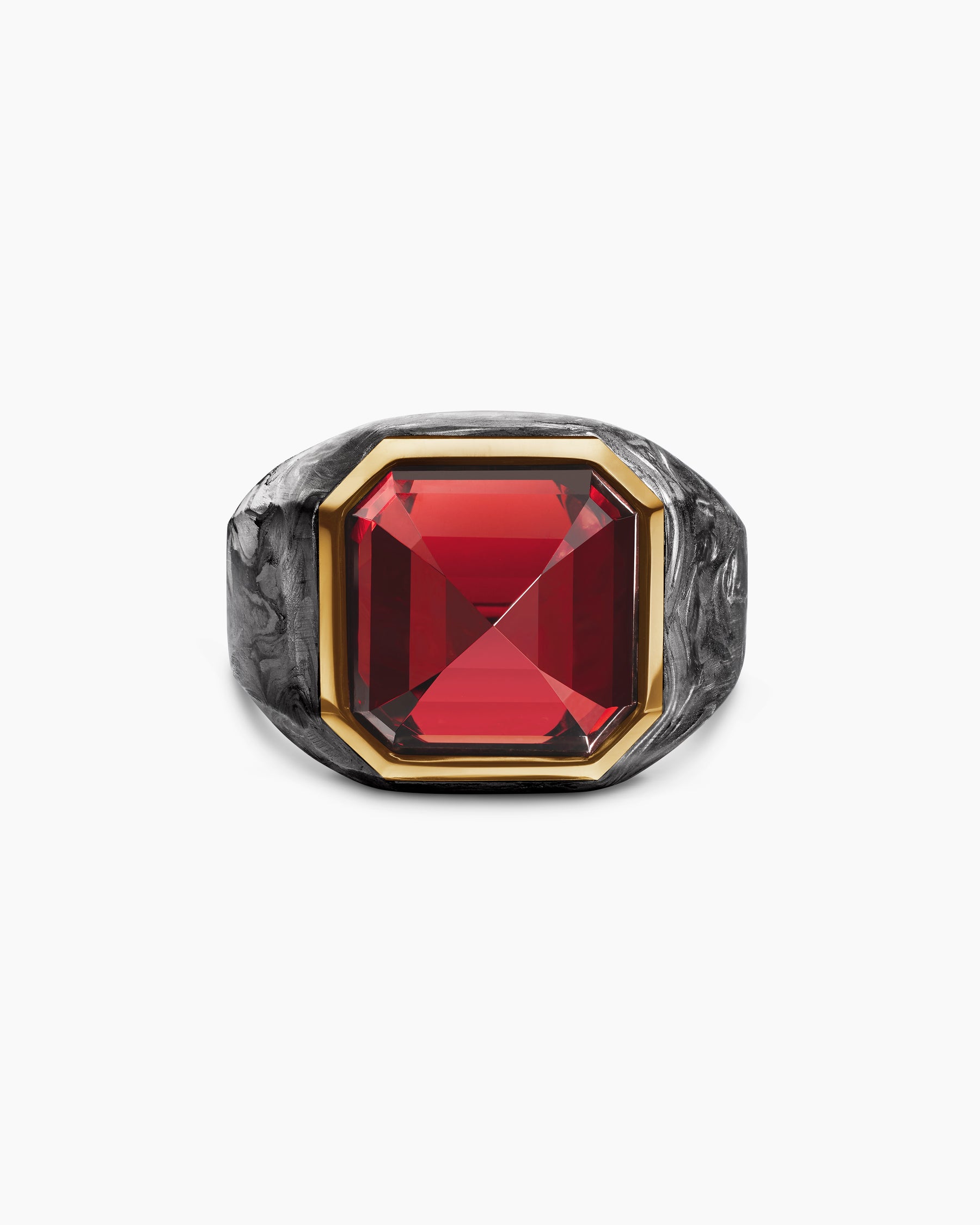 Hexagonal Signet Ring in 18K Yellow Gold with Forged Carbon and Garnet, 17.7mm - Image 4